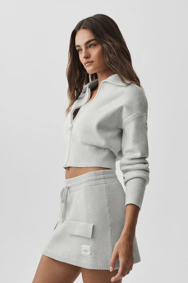 Scholar Knit Zip Jacket + Skirt Set - Light Grey